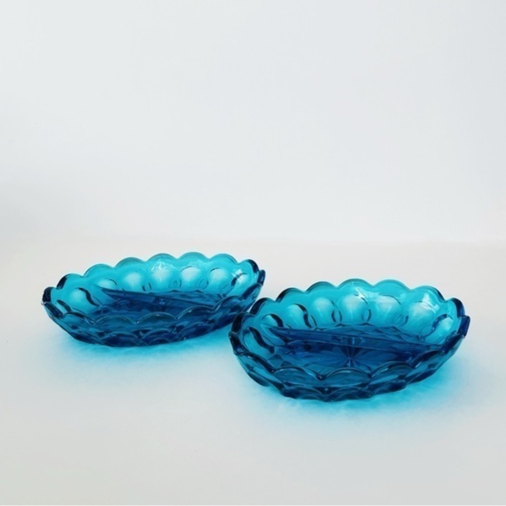 MCM Indiana Glass Blue Oval Divided Dish x 2